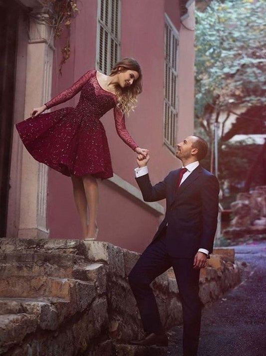 A-Line/Princess Long Sleeves Homecoming Dresses Lace Annabel Scoop Paillette Short/Mini Dresses