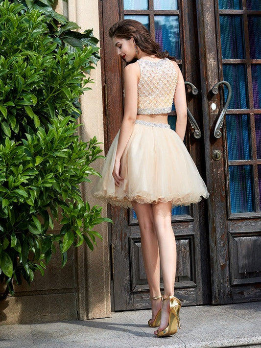 A-Line/Princess Scoop Net Sleeveless Lorna Homecoming Dresses Beading Short/Mini Two Piece
