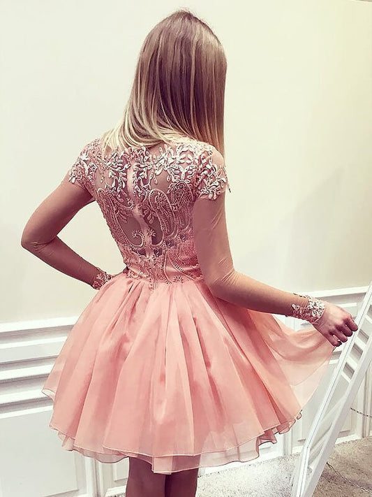 Chelsea Homecoming Dresses Chiffon A-Line/Princess Bateau Long Sleeves Short/Mini Applique Dresses