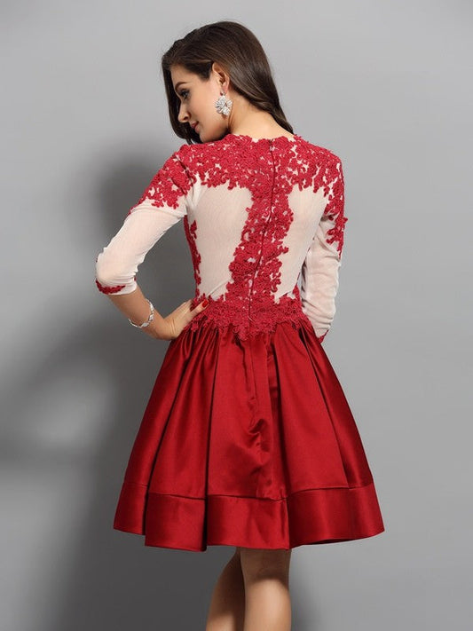 A-Line/Princess High Neck Applique Patience Satin Homecoming Dresses Cocktail 1/2 Sleeves Short Dresses