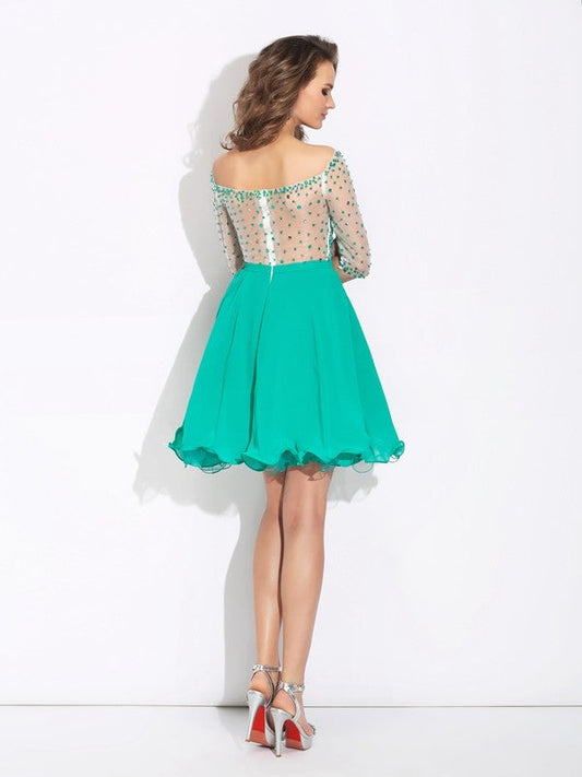 A-Line/Princess Off-The-Shoulder Chiffon Carissa Homecoming Dresses Beading 1/2 Sleeves Short Dresses