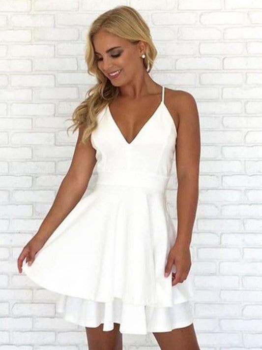 A-Line/Princess V-Neck Stretch Crepe Sleeveless Pleats Short/Mini Homecoming Dresses Samara Dresses
