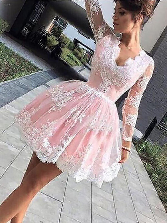 A-Line/Princess V-Neck Anna Homecoming Dresses Lace Long Sleeves Short/Mini Dresses