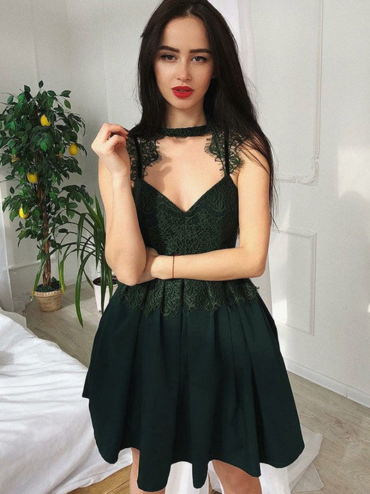 Homecoming Dresses Satin Aleena Lace A-Line/Princess V-Neck Sleeveless Ruched Short/Mini Dresses