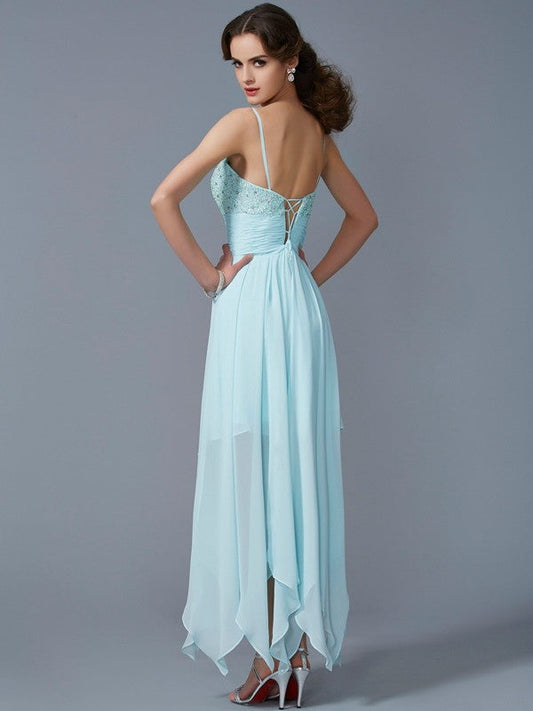 A-Line/Princess Spaghetti Straps Sleeveless Beading Chiffon Tamara Homecoming Dresses High Low