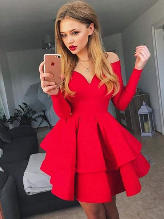 A-Line/Princess Stretch Autumn Homecoming Dresses Crepe Off-The-Shoulder Ruffles Long Sleeves Short/Mini Dresses