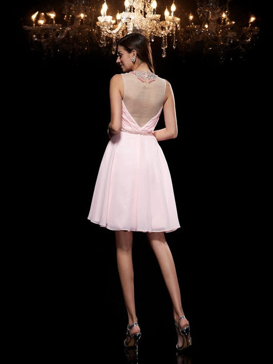 A-Line/Princess Scoop Chiffon Malia Homecoming Dresses Beading Sleeveless Short Dresses