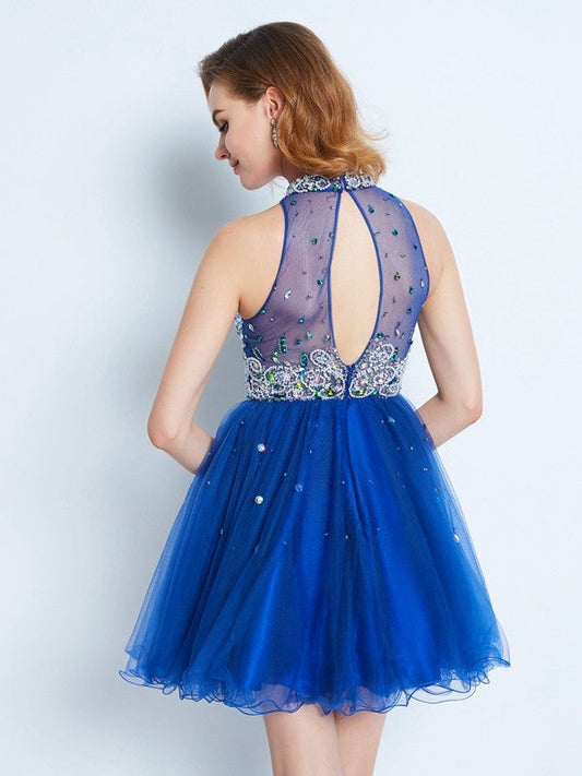 A-Line/Princess High Homecoming Dresses Lina Neck Ruffles Sleeveless Short/Mini Net Dress