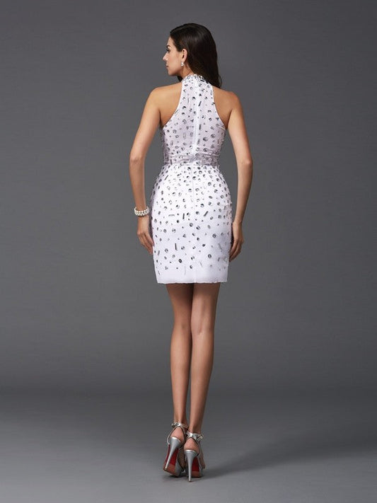 Sheath/Column Halter Rhinestone Sleeveless Short Chiffon Homecoming Dresses Hope Dresses