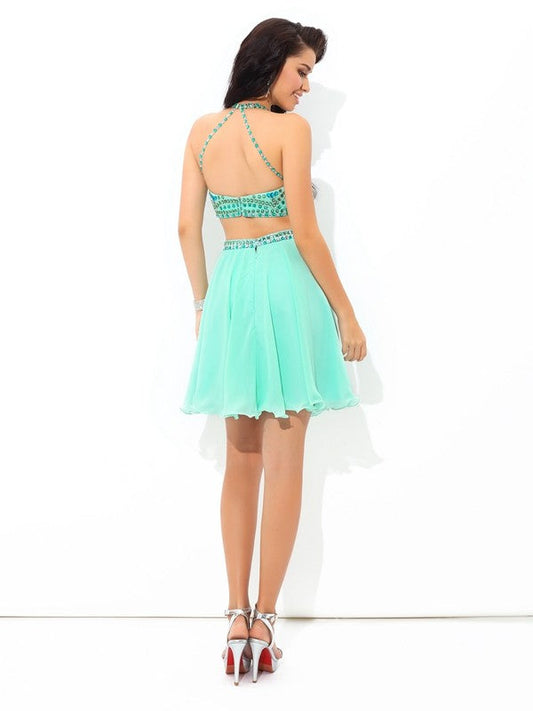 A-Line/Princess Sheer Neck Rhinestone Sleeveless Short Two Piece Chiffon Patti Homecoming Dresses Dresses