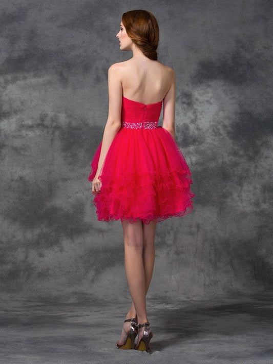 A-Line/Princess Sweetheart Beading Satin Sandy Homecoming Dresses Cocktail Sleeveless Short Dresses