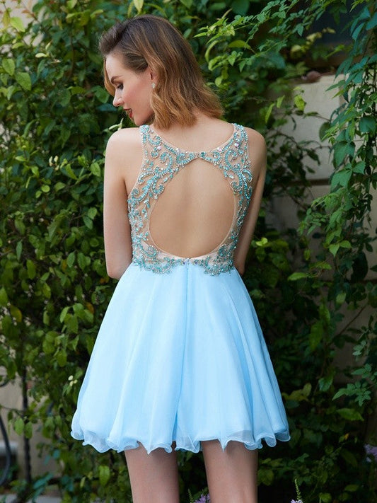 A-Line/Princess Karen Chiffon Homecoming Dresses Scoop Sleeveless Beading Short/Mini Dresses