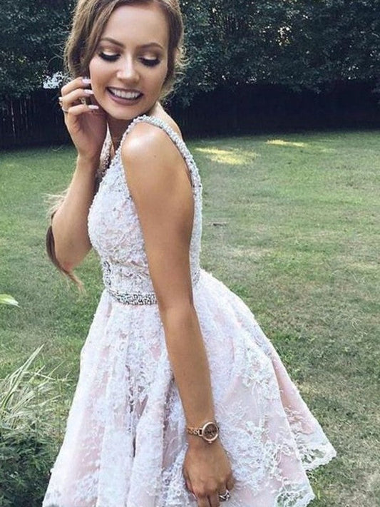Homecoming Dresses Charity A-Line/Princess V-Neck Sleeveless Tulle Applique Short/Mini Dresses