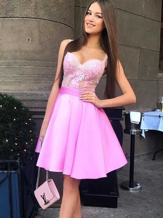 A-Line/Princess Spaghetti Straps Applique Sleeveless Knee-Length Dresses Homecoming Dresses Satin Ida