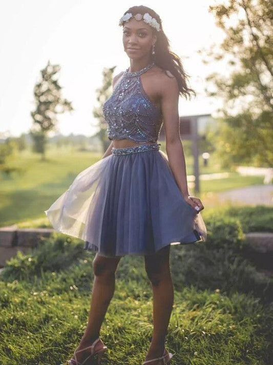 A-Line Halter Cut Short With Beading Tulle Karlie Homecoming Dresses Silver
