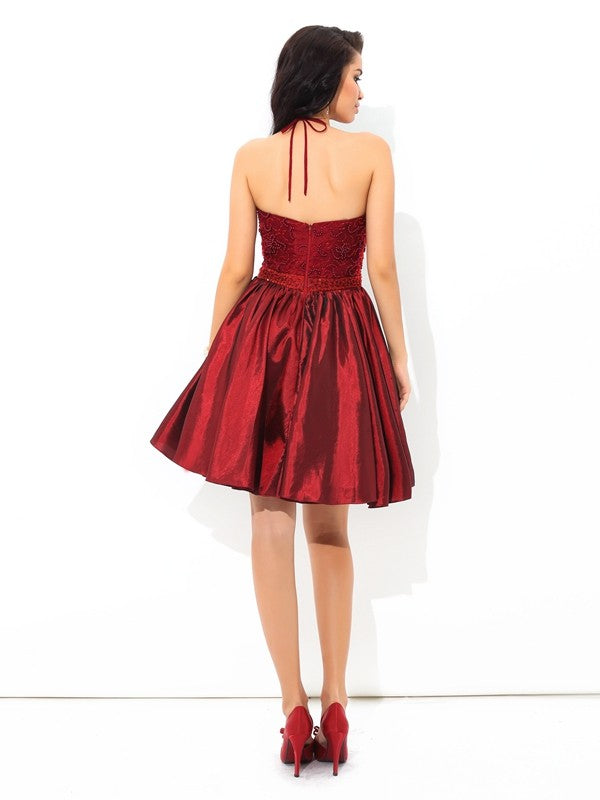 A-Line/Princess Halter Beading Sleeveless Short Taffeta Dresses Madilynn Cocktail Homecoming Dresses
