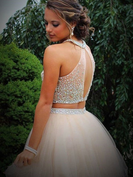 A-Line/Princess Scoop Beading Sleeveless Short/Mini Teagan Homecoming Dresses Tulle Two Piece Dresses