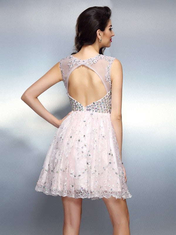 A-Line/Princess Bateau Beading Sleeveless Short Cocktail Homecoming Dresses Paisley Satin Dresses