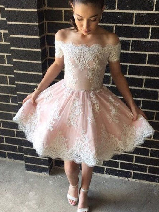Marina Lace Homecoming Dresses A-Line/Princess Sleeveless Off-The-Shoulder Short/Mini Dresses