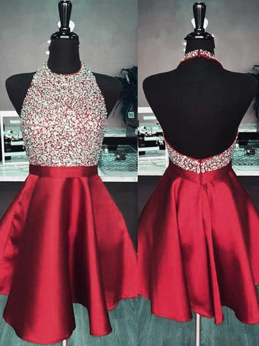 A-Line Halter Cut Short With Homecoming Dresses Royal Blue Satin Yasmin Beading
