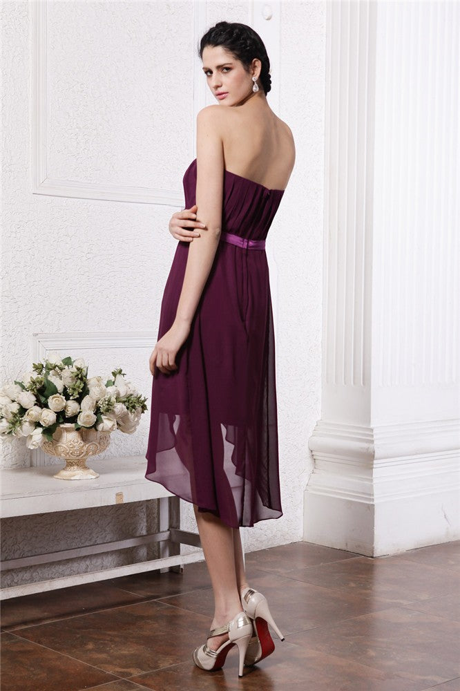 Sheath/Column Chiffon Cocktail Homecoming Dresses Jamya Strapless Sleeveless Sash Pleats High Low Dresses