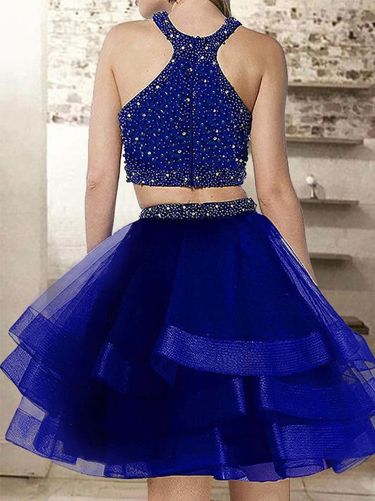 A-Line Halter Cut Jordan Homecoming Dresses Short With Beading Organza Blue