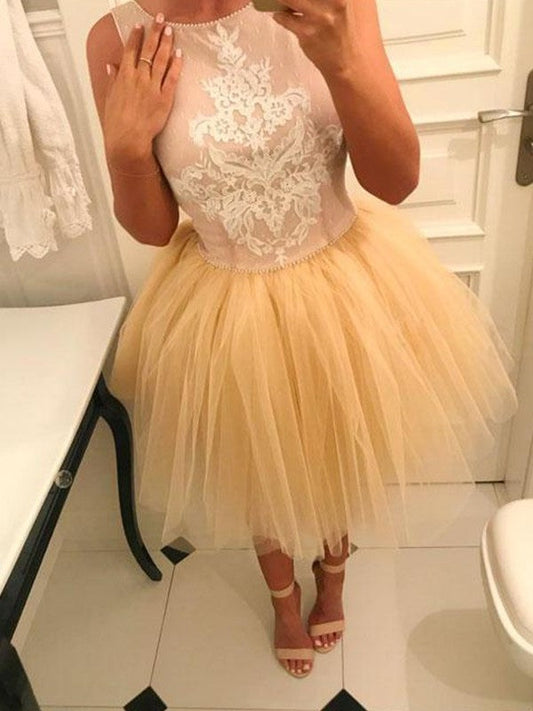A-Line/Princess Sleeveless Bateau Tulle Eve Homecoming Dresses Applique Short/Mini Dresses