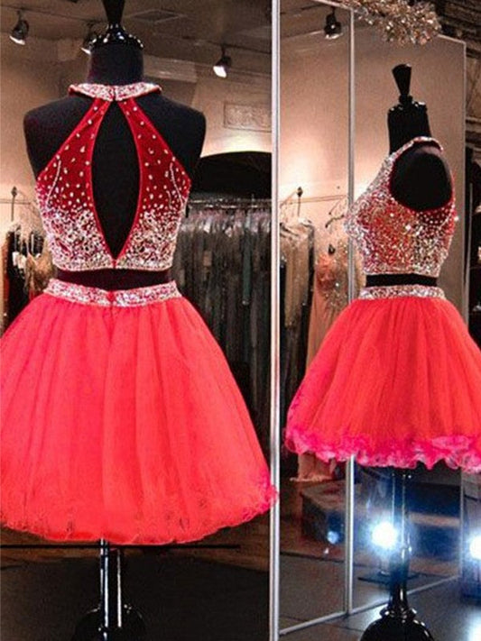 A-Line/Princess Sleeveless Halter Tulle Beading Homecoming Dresses Eliza Short/Mini Two Piece Dresses