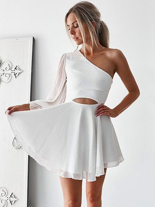 A-Line/Princess One-Shoulder Homecoming Dresses Valerie Chiffon Long Sleeves Ruffles Short/Mini Dresses