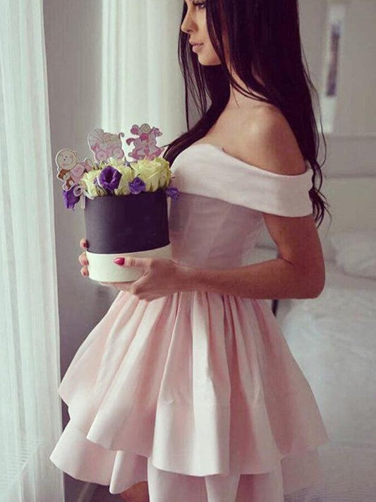Satin Taylor Homecoming Dresses A-Line/Princess Sleeveless Off-The-Shoulder Knee-Length Dresses