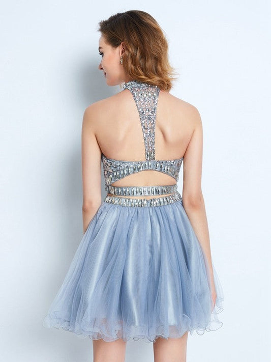 A-Line/Princess High Neck Sleeveless Beading Short/Mini Homecoming Dresses Kali Net Two Piece Dresses
