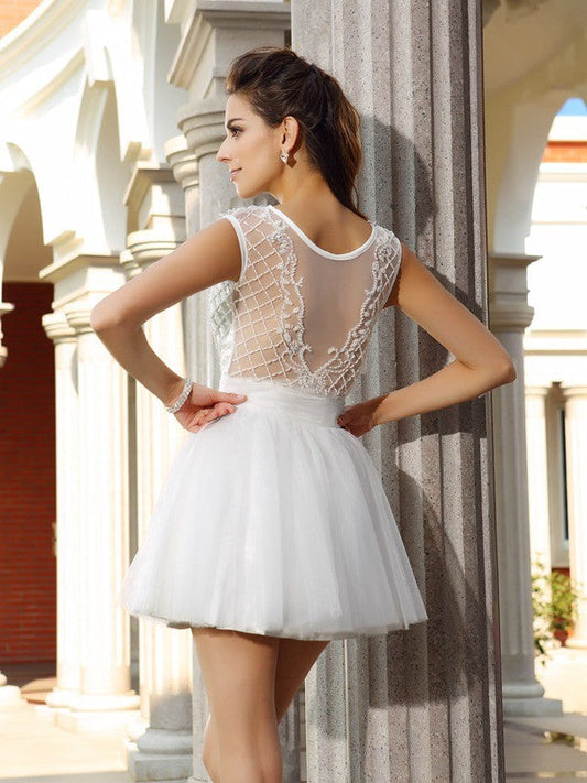 A-Line/Princess Veronica Satin Cocktail Homecoming Dresses Scoop Beading Sleeveless Short Dresses