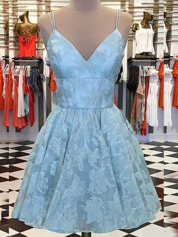 A-Line/Princess Spaghetti Homecoming Dresses Janessa Lace Straps Sleeveless Ruffles Short/Mini