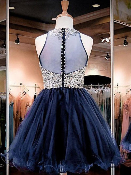 A-Line/Princess Sleeveless Bateau Tulle Beading Short/Mini Dresses Aracely Homecoming Dresses