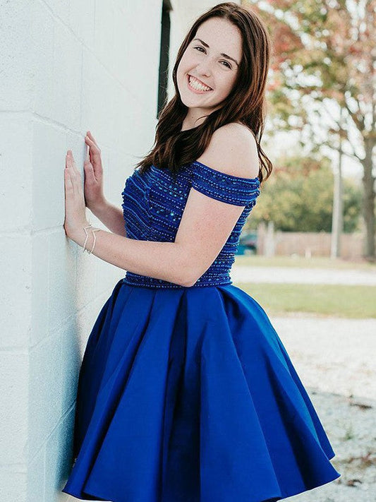 A-Line/Princess Beading Off-The-Shoulder Homecoming Dresses Satin Lesly Sleeveless Short/Mini Two Piece Dresses