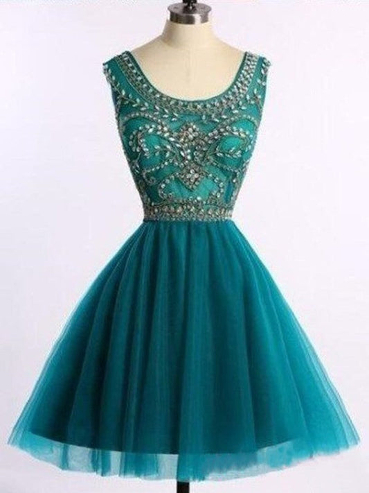 A-Line/Princess Sleeveless Aliya Homecoming Dresses Scoop Tulle Beading Short/Mini Dresses