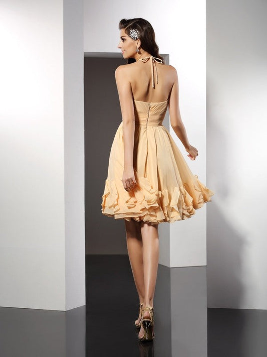 A-Line/Princess Halter Ruffles Sleeveless Adelyn Homecoming Dresses Chiffon Cocktail Short Dresses