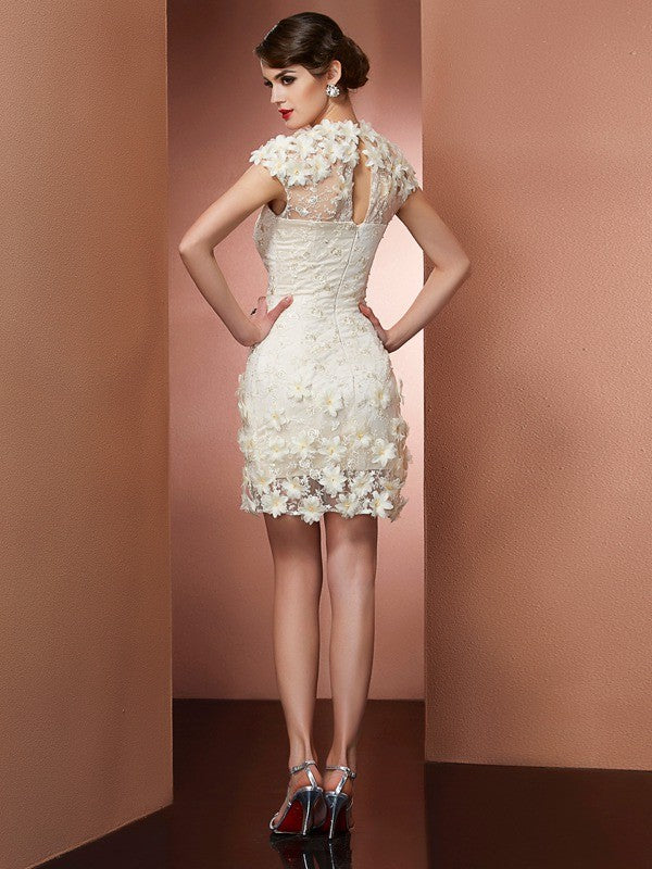 Sheath/Column High Neck Short Sleeves Mildred Satin Homecoming Dresses Short