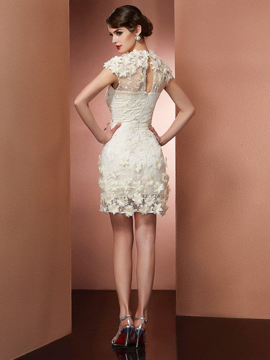 Sheath/Column High Neck Short Sleeves Mildred Satin Homecoming Dresses Short