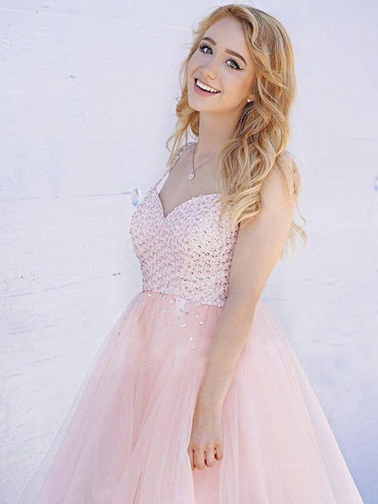 A-Line/Princess Sleeveless Spaghetti Straps Tulle Beading Homecoming Dresses Karla Short/Mini Dresses