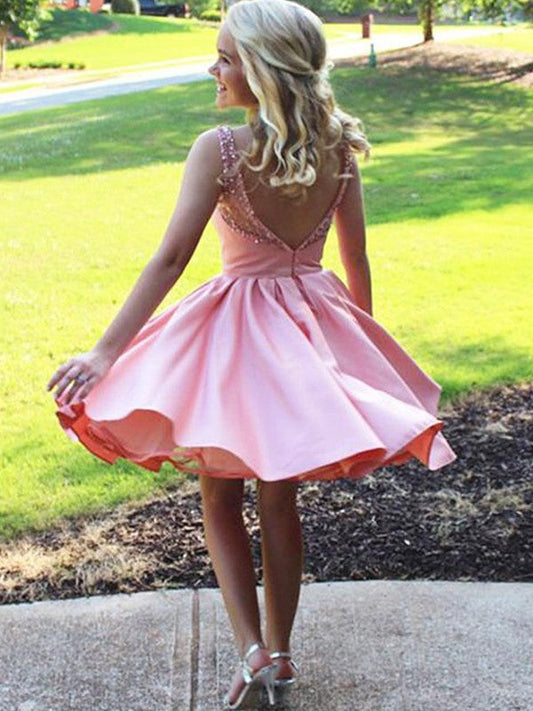 A-Line/Princess Ruffles Bateau Sleeveless Satin Homecoming Dresses Amiya Knee-Length Dresses