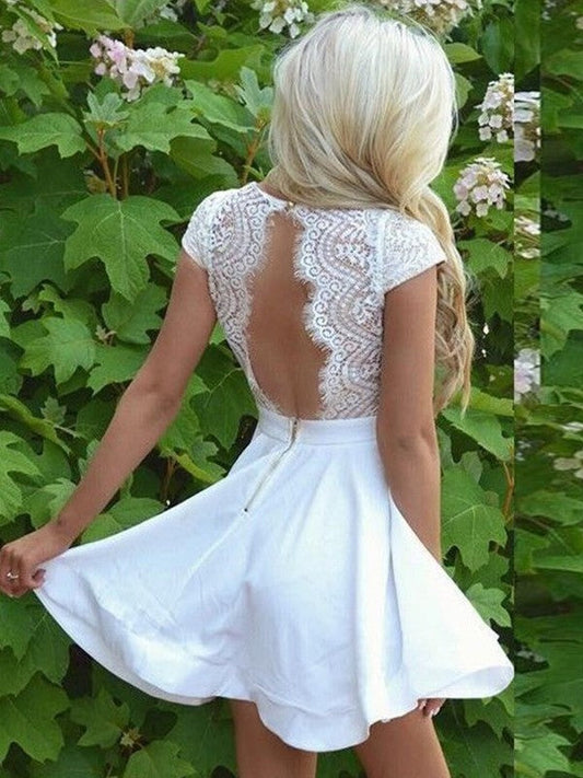 A-Line/Princess V-Neck Short Sleeves Short/Mini Samantha Lace Homecoming Dresses Satin Dresses