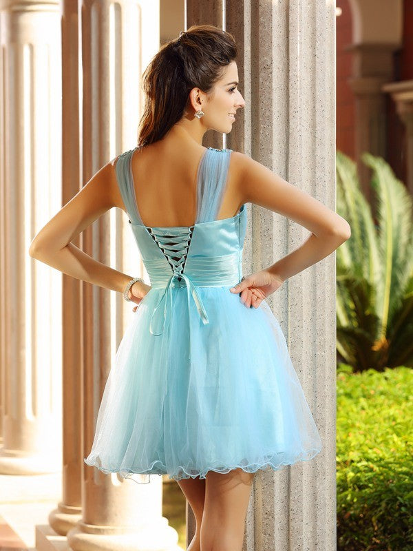 A-Line/Princess V-Neck Pleats Sleeveless Short Net Dresses Cocktail Homecoming Dresses Audrey