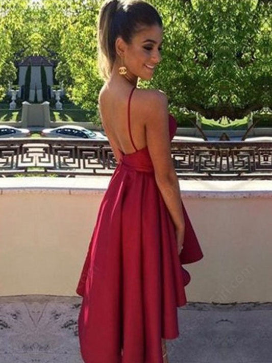 A-Line/Princess Sleeveless Akira Satin Homecoming Dresses Asymmetrical Ruched Halter Dresses
