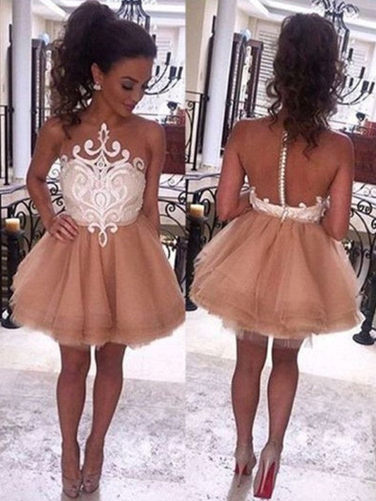 A-Line/Princess Sleeveless Bateau Tulle Applique Short/Mini Alma Homecoming Dresses Dresses