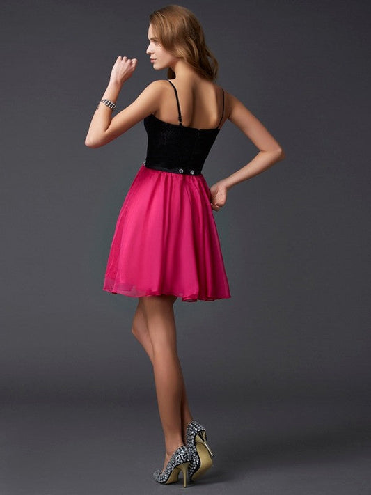A-Line/Princess Spaghetti Straps Sleeveless Short Germaine Chiffon Homecoming Dresses