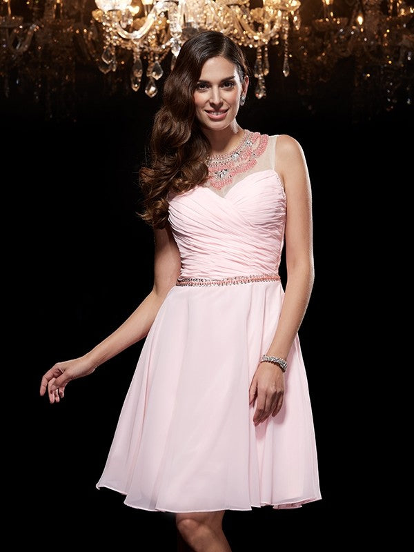 A-Line/Princess Scoop Chiffon Malia Homecoming Dresses Beading Sleeveless Short Dresses