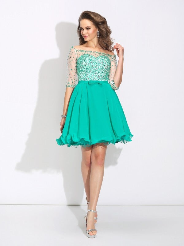 A-Line/Princess Off-The-Shoulder Chiffon Carissa Homecoming Dresses Beading 1/2 Sleeves Short Dresses