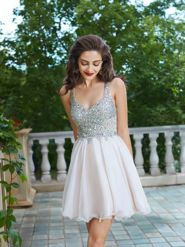 A-Line/Princess Straps Sleeveless Rhinestone Short/Mini Chiffon Homecoming Dresses Lillie Dresses
