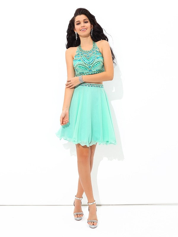 A-Line/Princess Sheer Neck Rhinestone Sleeveless Short Two Piece Chiffon Patti Homecoming Dresses Dresses